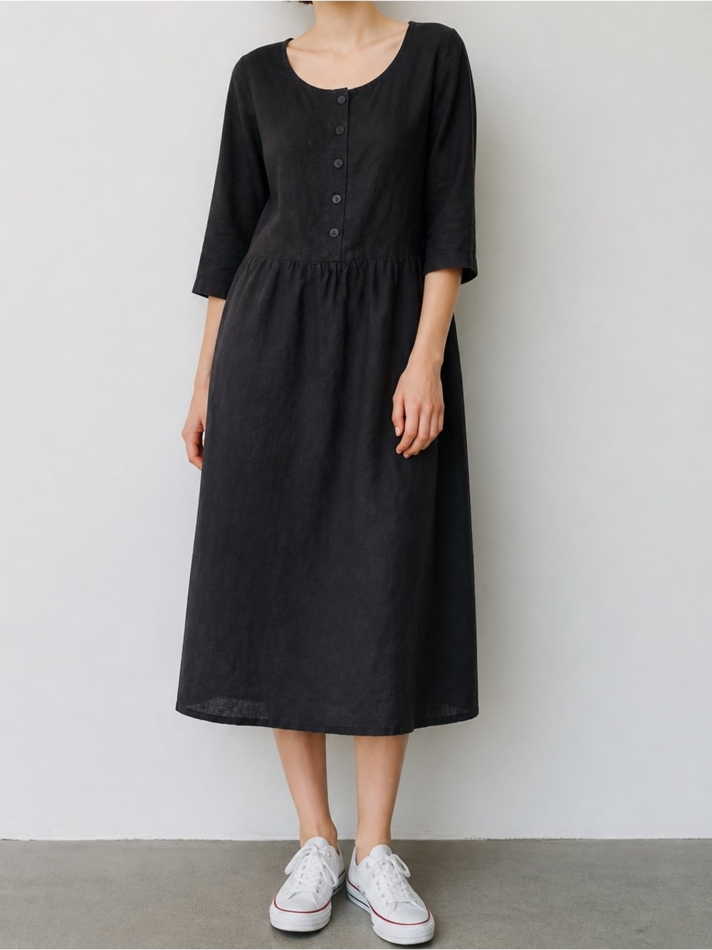 Flax Jolie Linen Dress Black Button-Front Midi Dress Size P /4-6 Babydoll Casual